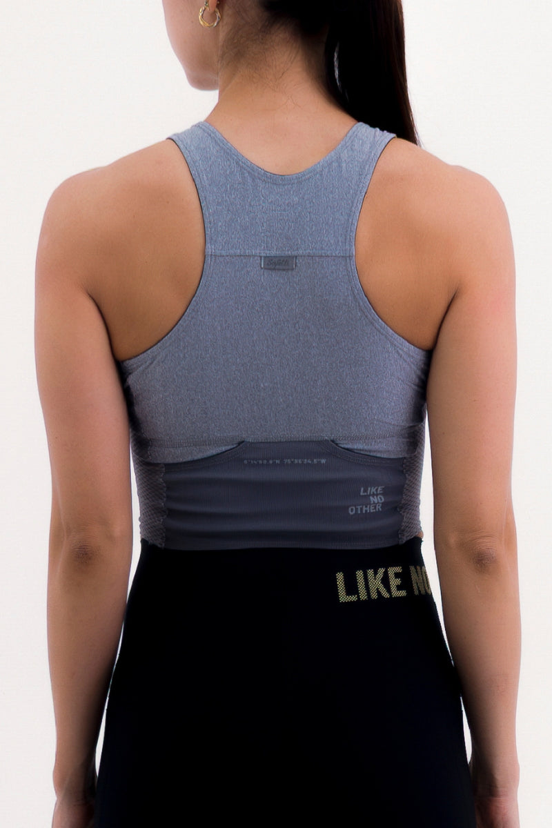 Top Corrida Fem Cropped Pocket Gray